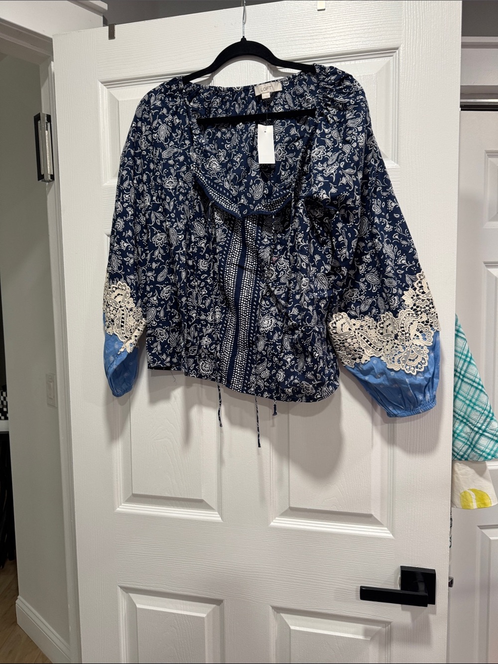 LOFT Navy Blue Paisley Crochet-Trim Peasant Blouse